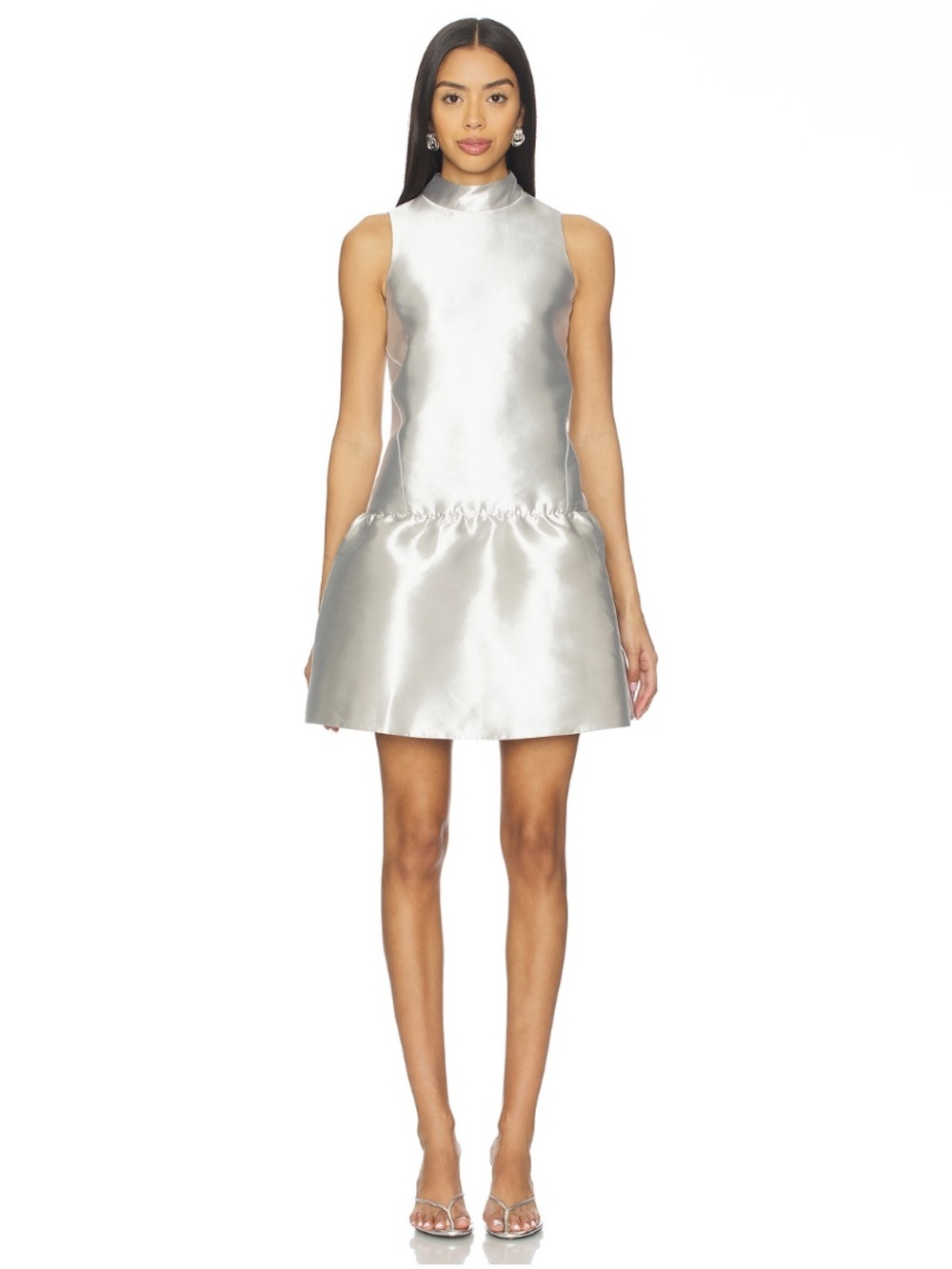 Aligne x Revolve Blaze Satin Drop Waist Ruffle Sleeveless Mini Dress in Silver